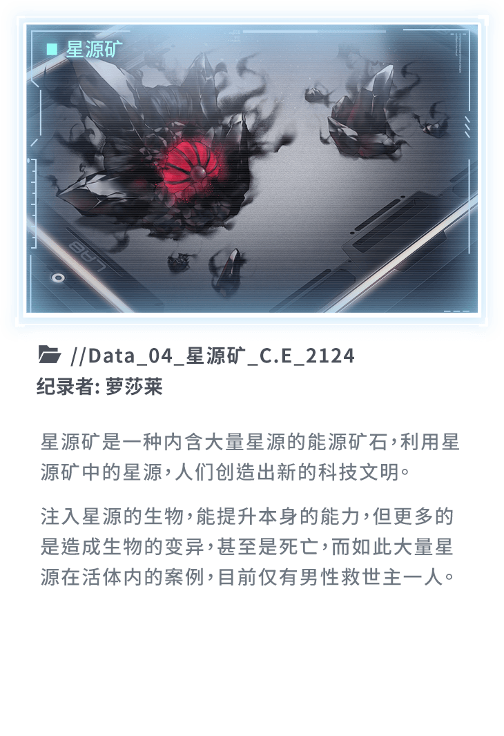 星源矿是一种内含大量星源的能源矿石，利用星源矿中的星源，人们创造出新的科技文明。注入星源的生物，能提升本身的能力，但更多的是造成生物的变异，甚至是死亡，而如此大量星源在活体内的案例，目前仅有男性救世主一人。