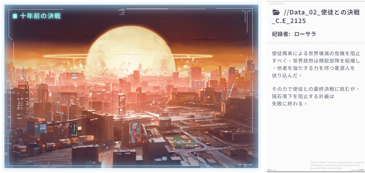 使徒再来による世界壊滅の危機を阻止すべく、世界政府は精鋭部隊を組織し、他者を強化する力を持つ星源人を送り込んだ。その力で使徒との最終決戦に挑むが、隕石落下を阻止する計画は失敗に終わる。