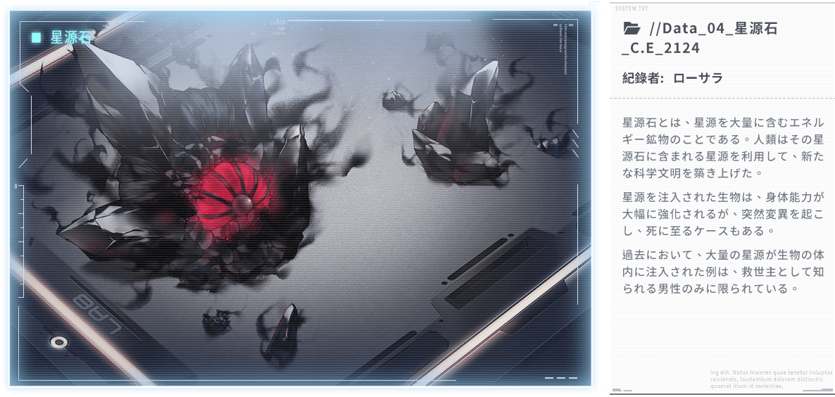 星源石とは、星源を大量に含むエネルギー鉱物のことである。人類はその星源石に含まれる星源を利用して、新たな科学文明を築き上げた。星源を注入された生物は、身体能力が大幅に強化されるが、突然変異を起こし、死に至るケースもある。過去において、大量の星源が生物の体内に注入された例は、救世主として知られる男性のみに限られている。